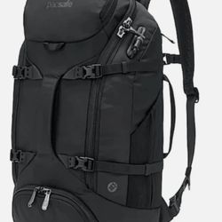 The PACSAFE VENTURESAFE EXP35 Anti-Theft Travel Backpack in black is a stylish and secure backpack designed for travelers. Made of durable recycled po