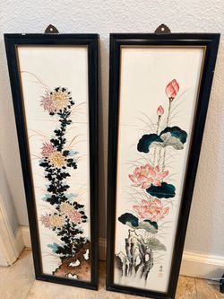 Vintage Hand-Painted Asian Ceramic Tile Wall Art – Signed Pair