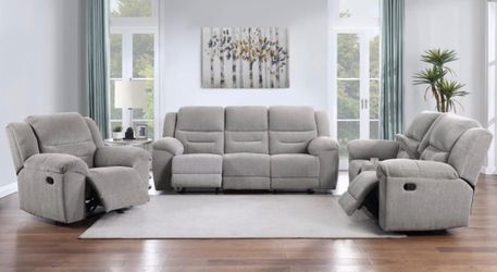 3-piece Chenille Upholstered Reclining Sofa Set Grey