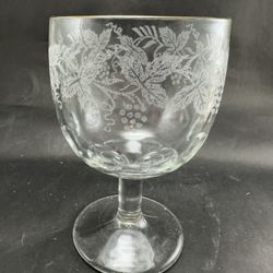 1 Vintage Bartlett Collins Thumbprint Clear Goblet Etched Grape Leaf w/ Gold Rim 