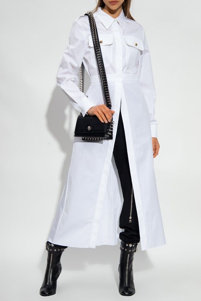 Alexander McQueen 40 S M White Gold Midi Dress Long Sleeve Collar Poplin Military Button Up Peplum Pleaded