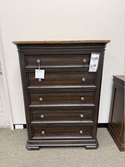 5 Drawer Chest - Dark Espresso Brown With Natural Weathered Wood Top | Dresser | Tallboy