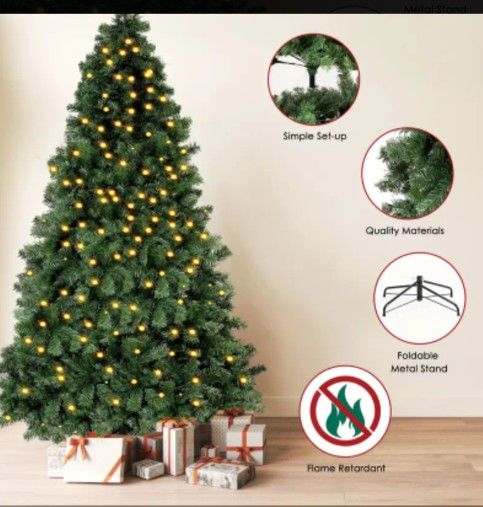 Artificial Holiday Green Christmas Pine Tree for Home, Office, Party Decoration w/250 Warm White Lights, Metal Hinges & Base, 6.5ft Green Christmas Pi
