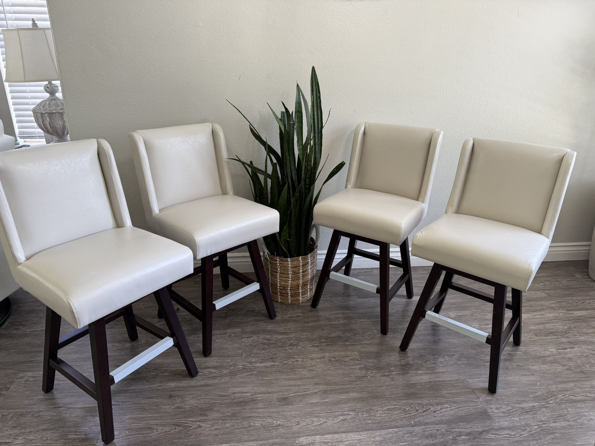 Joyce 26 in. Modern Linen Fabric Upholstered Swivel Bar Stool with Solid Wood Leg High Back, Set Of 4