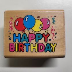 Happy Birthday Wooden Rubber Stamp With Confetti And Balloons By Noteworthy LA64 From 1995