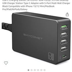 USB C Charging Station, SKYCOMET 63W PD/QC 3.0 Fast Desktop USB Charger Station Type C Adapter with 5-Port Multi Wall Charger Block Compatible with iP