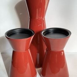 Crate & Barrel Greta Red Metal Pillar Candle Holders Set of 3 MCM Style