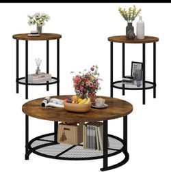 Round Coffee Table and End Table Set of 3 with Storage