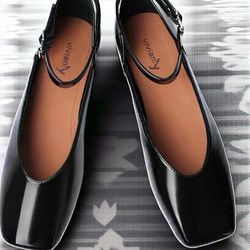 Mary Jane Shoes for Women Ballet Flats Shoes Buckle Ankle Strap Square Toe Flat Leather Party Dating Flats