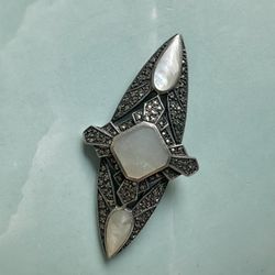 Antique Sterling Silver Marcasite & Moonstone Brooch