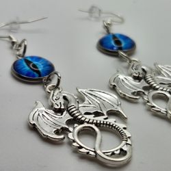 Blue Eyed Silver Dragon Earrings