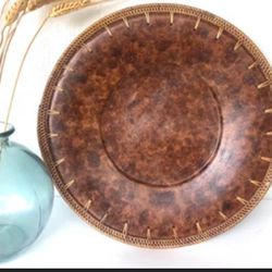 Large decorative plate charger faux brown leather ceramic plate with wicker rim