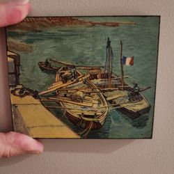 Minature Wooden Print "Landing Stage With Boats" By Vincent Van Gogh 