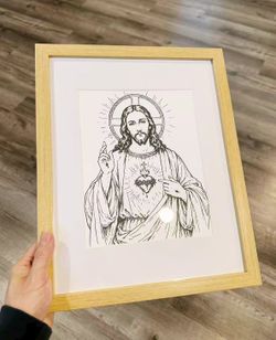 Christian Home Decor Original Hand Drawn "Sacred Heart of Jesus" Jesus Art (Framed)