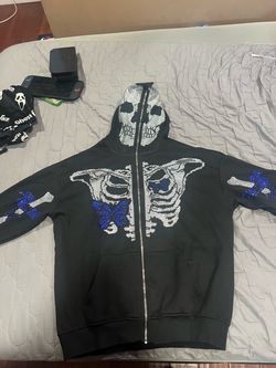 XL Black Skeleton Rhinestone Full-Zip Hoodie