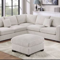 New White Or Gray Corduroy Sectional And Ottoman Sofa Couch 