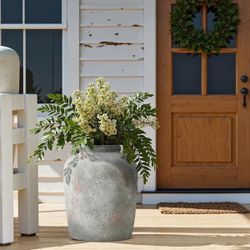 13.4 in. Tall Rustic Old-World Gray with Brown Terracotta Round Jug Vase with Handles