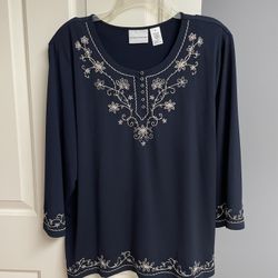 Alfred Dunner Navy Embroidered Tunic, Woman XL