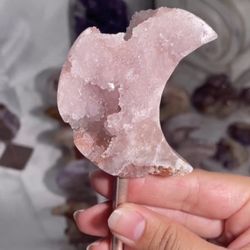 Pink Amethyst Moon With Lots Of Druzy On Stand