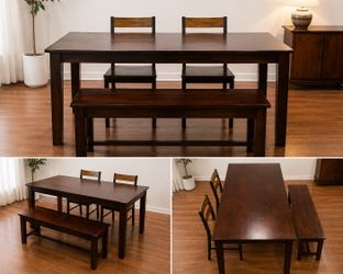 Dark Wood Dining Set with Extendable Table, 2 Chairs, and Bench