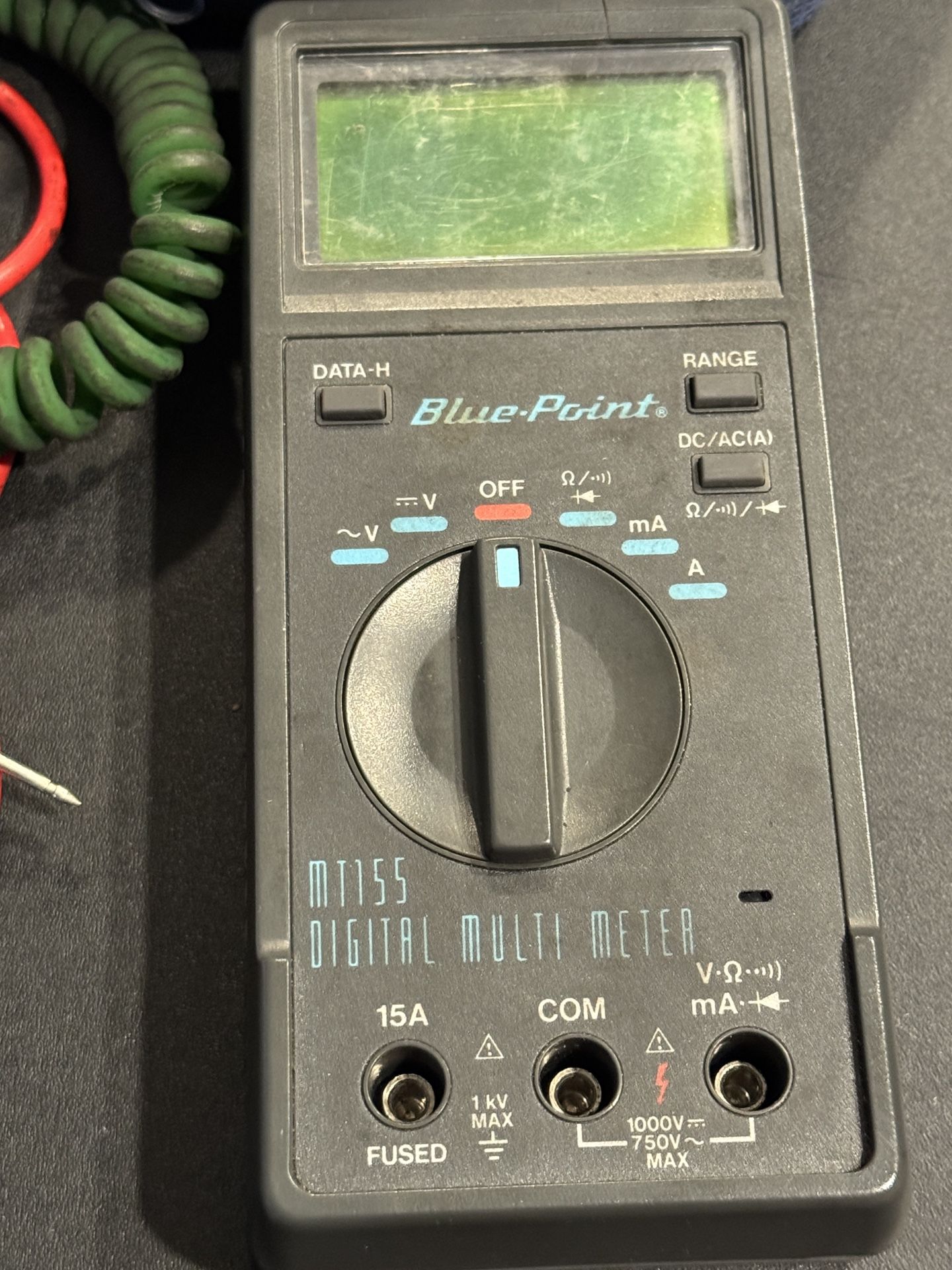 Blue Point MT 155 Digital Tester w/Leads & Case. For parts/repair. Battery compartment has broken contact, lid cracked & won’t stay shut. Untested sol