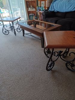 Glass Wood Coffee Table & 2 Side Tables