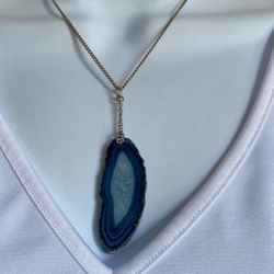 Vintage Sliced Blue Agate Pendant On Silver Tone Chain