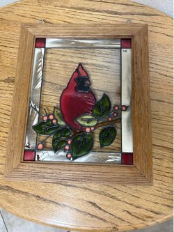 Vtg Open Windows Cardinal Bird Stained Glass Window panel Frame Manitowoc WI