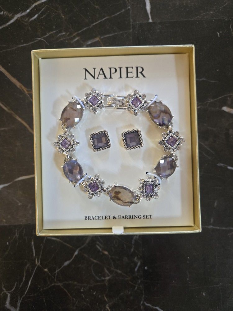 Brand New In Box Napier Silver Tone Purple Acrylic Studded Tennis Bracelet With Matching Stud Earrings