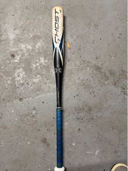 USED Easton Ghost Double Barrel fastpitch softball bat featuring a "White/Gray/Blue" color