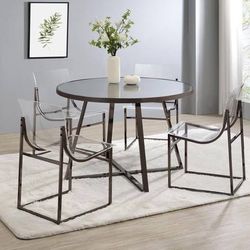 ~Modern Round Dining Room Table with Glass Top and Metal Base And Edgy Clear Chairs! NEW!