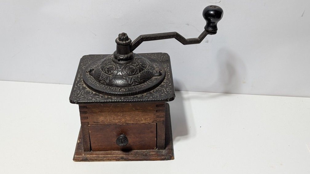 Antique Cast Iron and Wood Coffee Grinder Mill 9 Inch Hand Crank with Drawer
