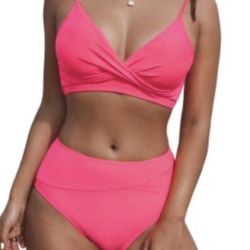 CUPSHE Neon Pink Twist High Waist V-Neck Bikini Women’s Size Small NWT