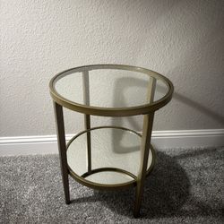 Wide Round Side Table with Mirror Shelf in Antique Brass