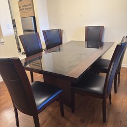 Dining Table + 6 Chairs Set – Glass Insert Top, Dark Wood