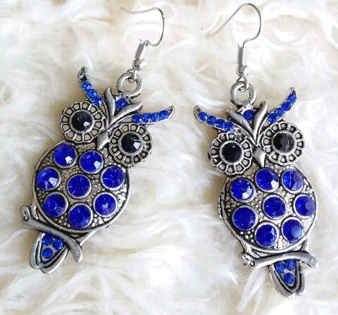 Blue Rhinestone Owl Earrings