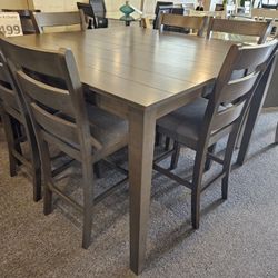 Brand New 54"×54"×36"H Gray Pub High Dining Table + 6 Gray Linen Chairs