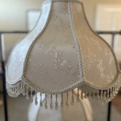 Pair Of Victorian Floral Brocade Ivory Satin Lamp Shade W/Fringe Clear Beads 17”