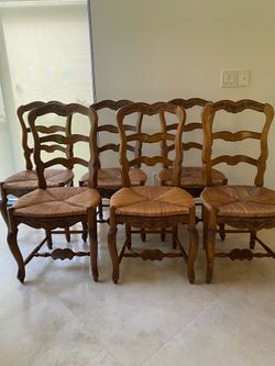 French Provincial style ladder-back chairs with rush seats, set of 6.