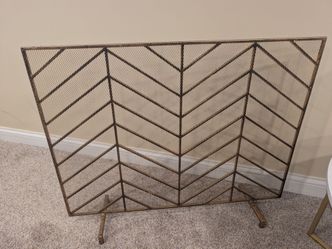 Wrought Iron Mesh Chevron Fireplace Screen w/Distressed Antique Gold Finish