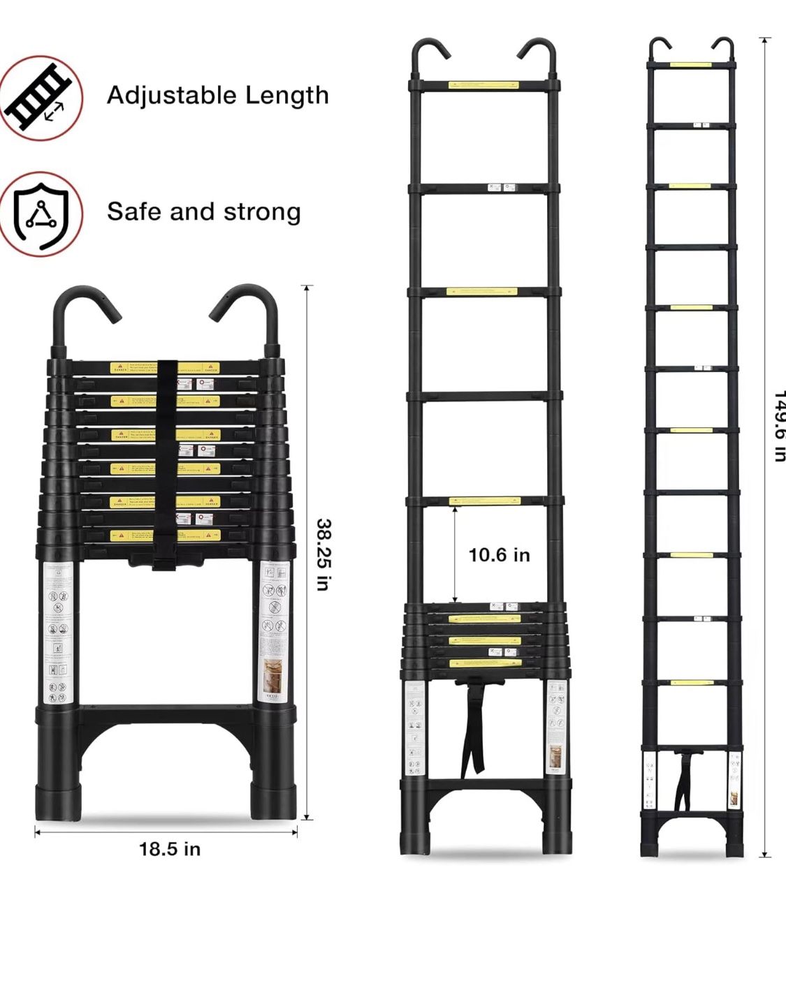 Telescoping Ladder 12.5 FT with 2 Detachable Roof Hooks Aluminum Telescopic Extension Ladder with 2 Triangle Stabilizers, Multi-Purpose Collapsible La