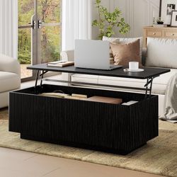41.7'' Fluted Lift Top Coffee Table Large Hidden Storage, Black Large Rectangular Lift Up Coffee Tables, Hidden Storage Compartment, Fluted Panel Roun