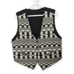 Vintage Black White Aztec Button Front Tie Back Vest Womans Medium Boho