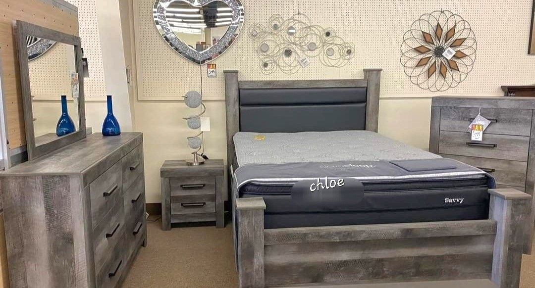 
\ASK DISCOUNT COUPOn💫  queen King full twin bed dresser mirror nightstand bunk mattress box/3pcs/wyn Gray Upholstered Poster Bedroom Set 