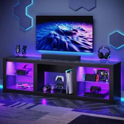 70 in. Black Marble Color TV Stand Fits TV's up to 75 in. with Tempered Glass Shelves LED Lights and Large Open Storage