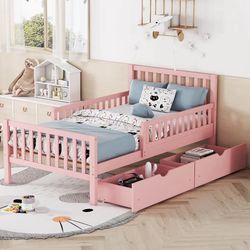 (BRAND NEW IN BOX) Pink Twin Wood Bed Frame with Storage Drawers & Guardrails* Retails $192