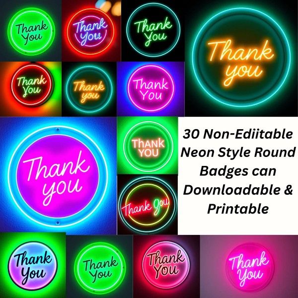30 Bundle of Digital PDF Non Editable Thankyou stickers Neon Style Downloadable