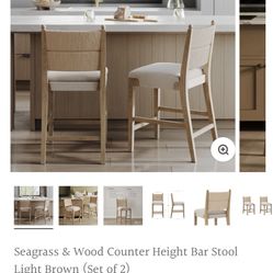 Nathan James Cove Bohemian Solid Wood Upholstered Bar Stool with Natural Flax Cushion and Seagrass Backrest, Light Brown.