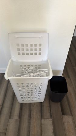 Laundry basket, trash bin and hangers