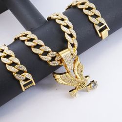 3-Pcs Iced Out 14K Gold-Plated Cubic Zirconia Eagle Pendant With 20"/24" Miami Cuban Chain Necklace & Bracelet Set 